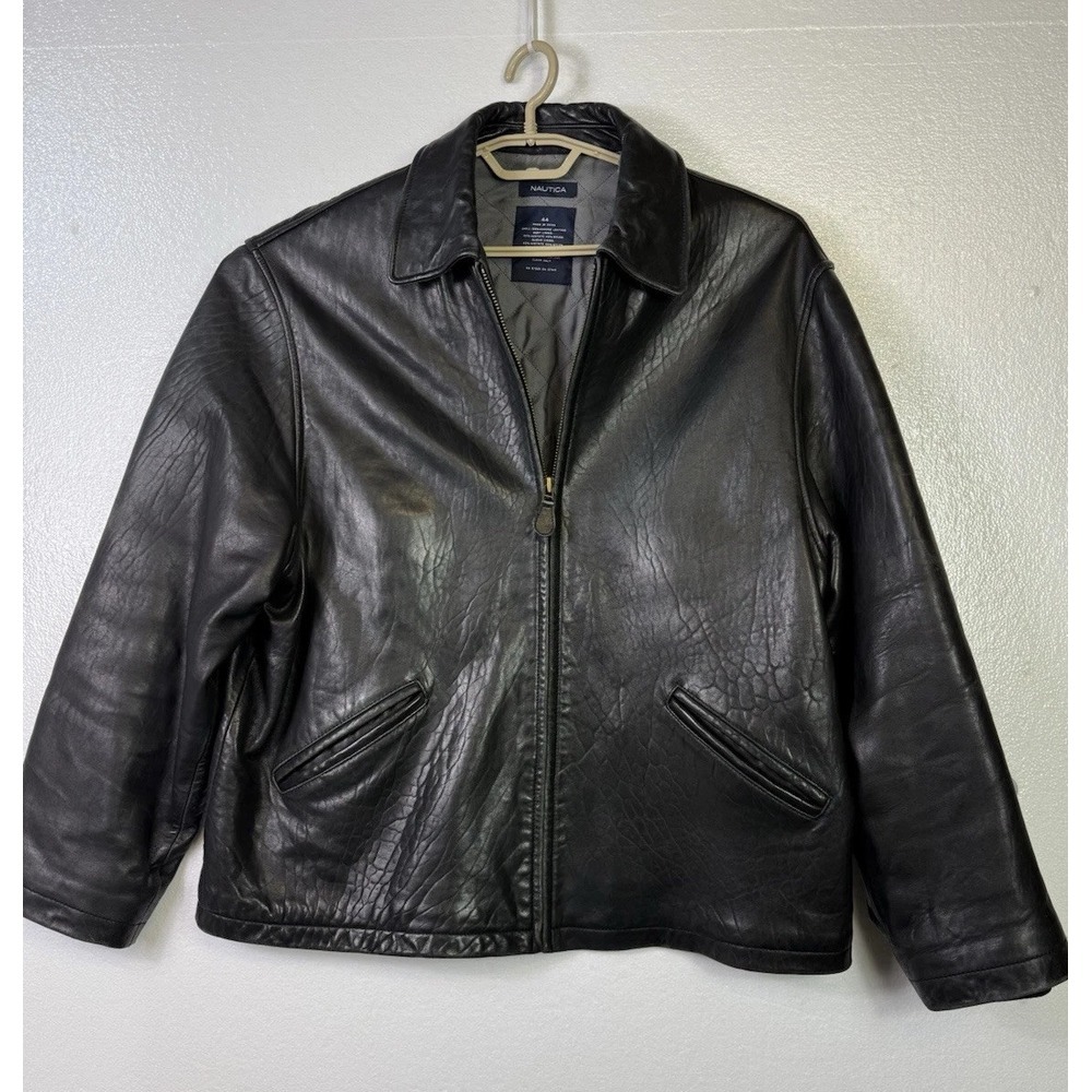 Mens Vintage Nautica Black Soft Leather Bomber Jacket Size 44 Full Zip Lined